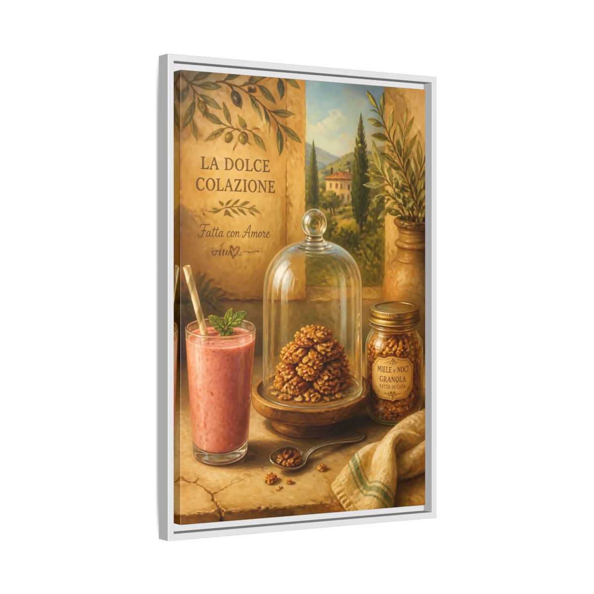 Side Mockup 10. Tuscan Breakfast Still Life shown as framed canvas print