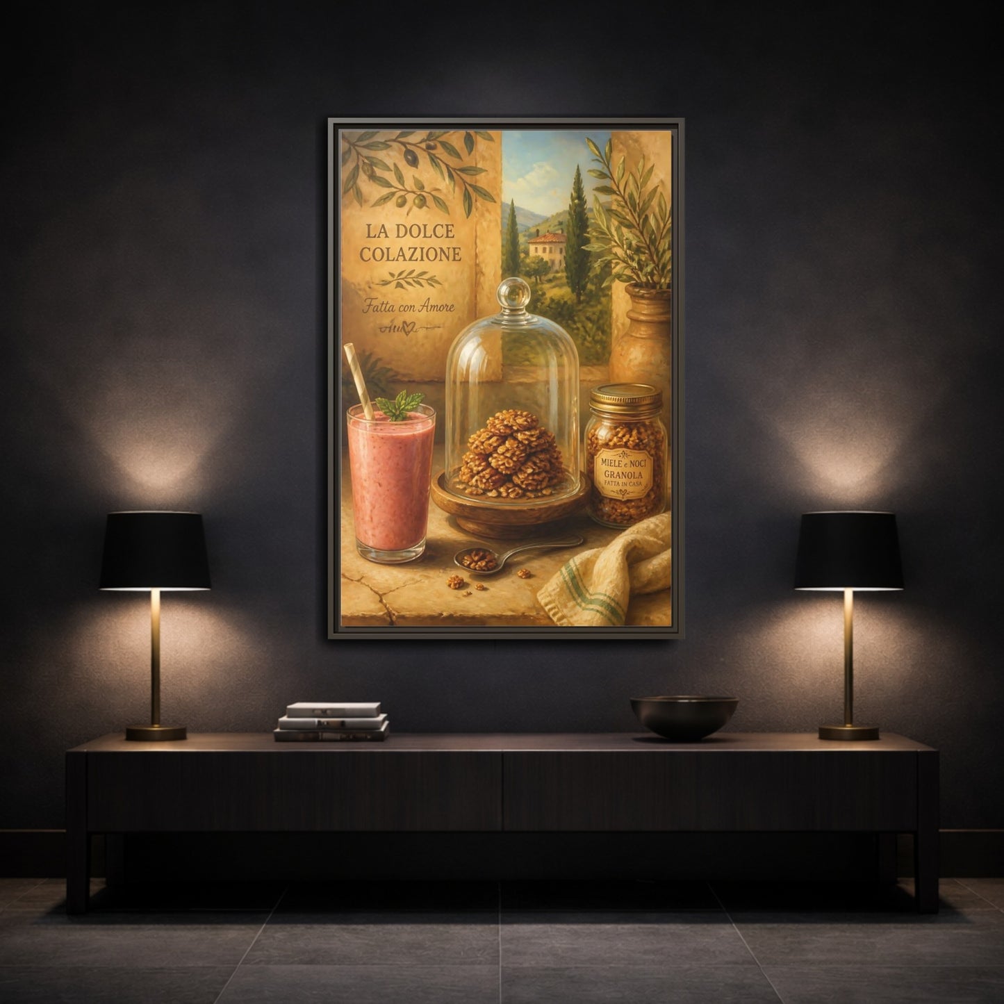 Mockup 3. Tuscan Breakfast Still Life shown as framed canvas print