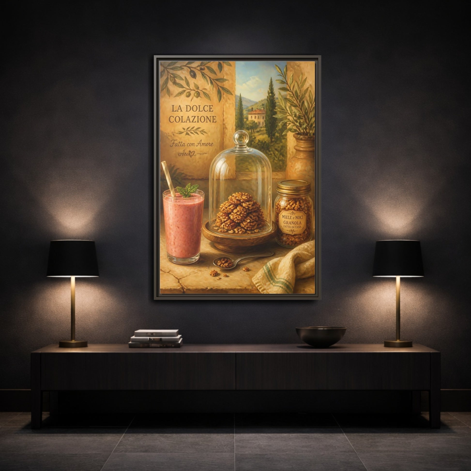 Mockup 3. Tuscan Breakfast Still Life shown as framed canvas print