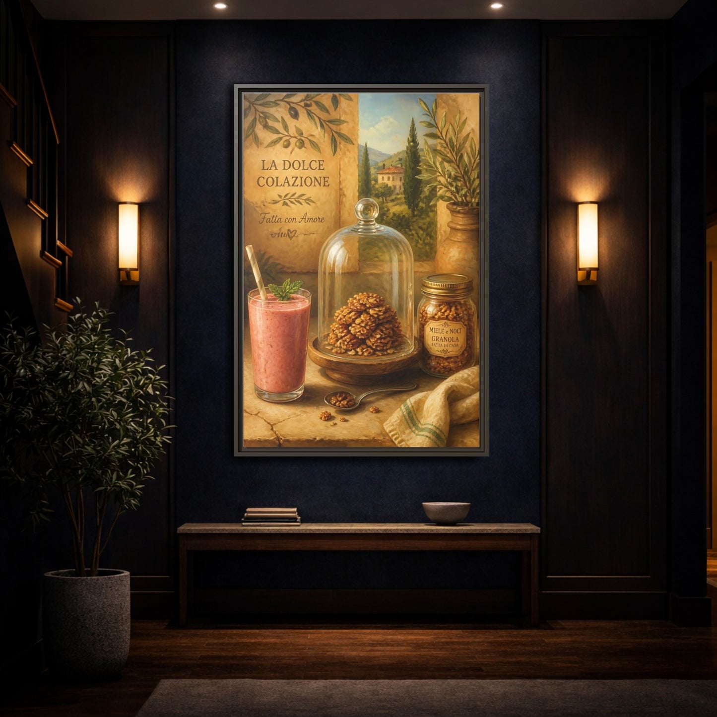 Mockup 4. Tuscan Breakfast Still Life shown as framed canvas print