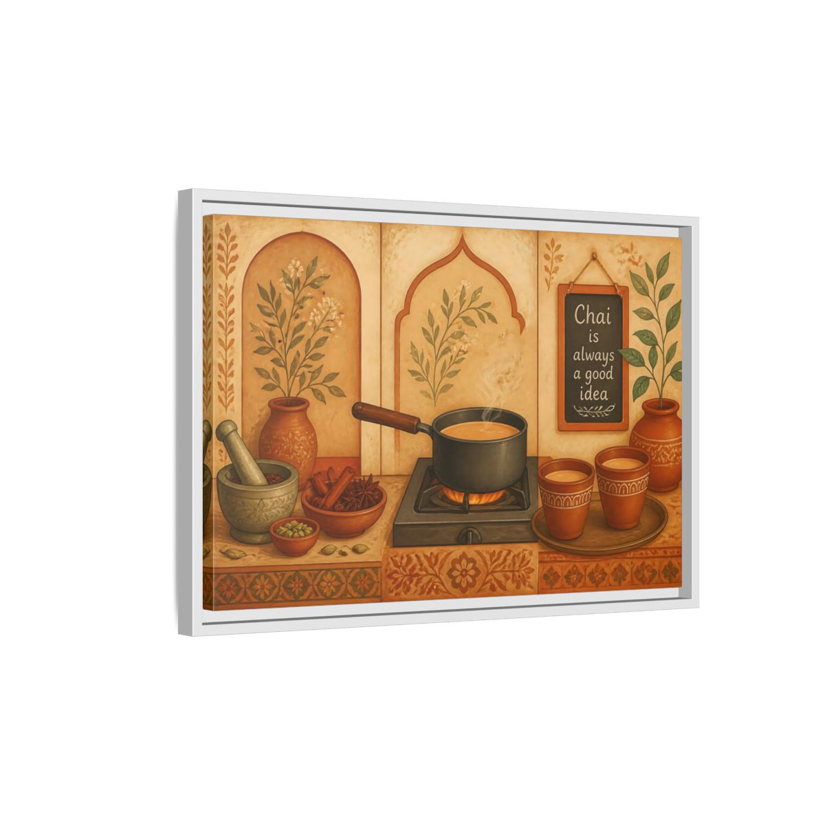 Side Mockup 1. Tuscan Chai Tea Station shown as framed canvas print