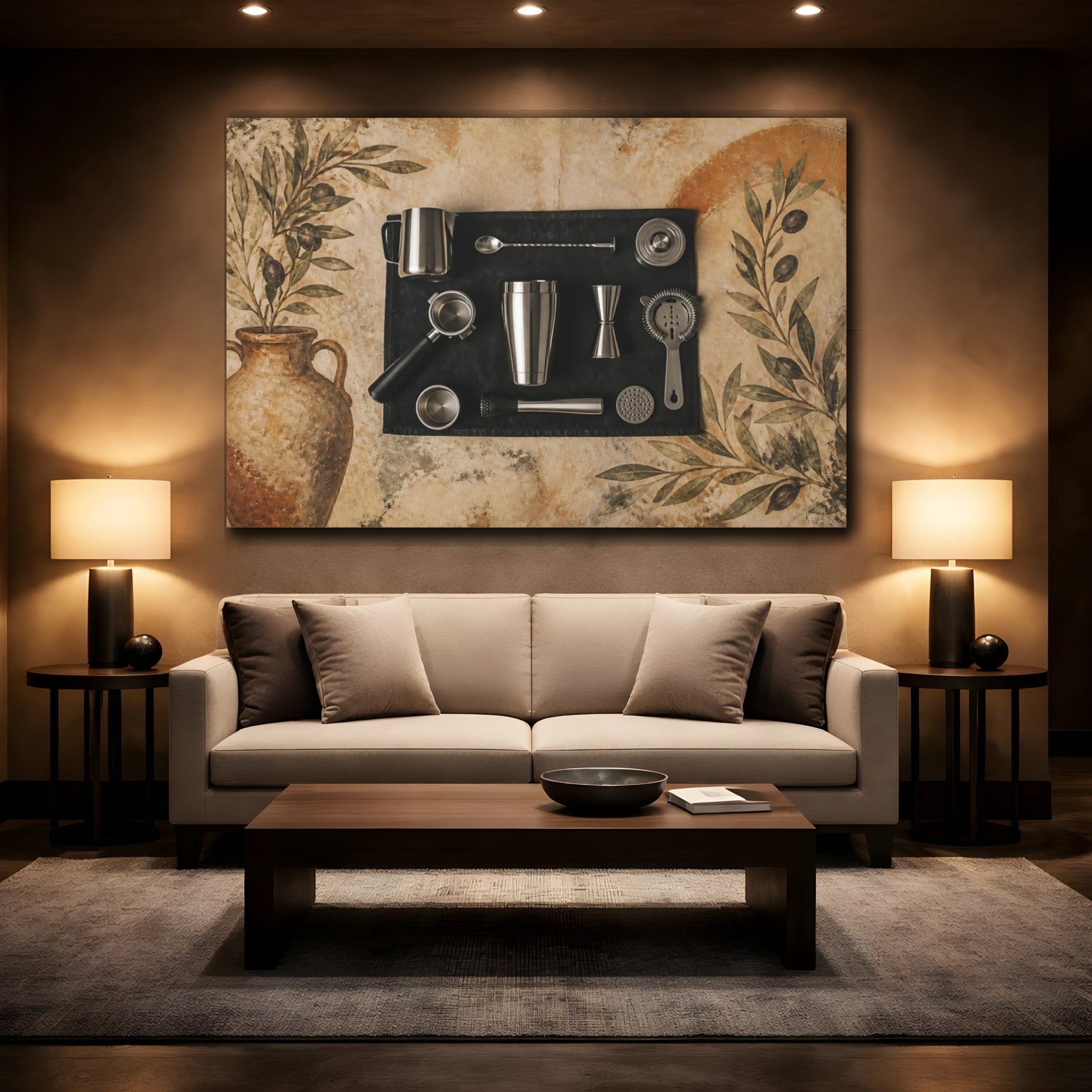 Mockup 2. Tuscan Cocktail Tools shown as canvas print