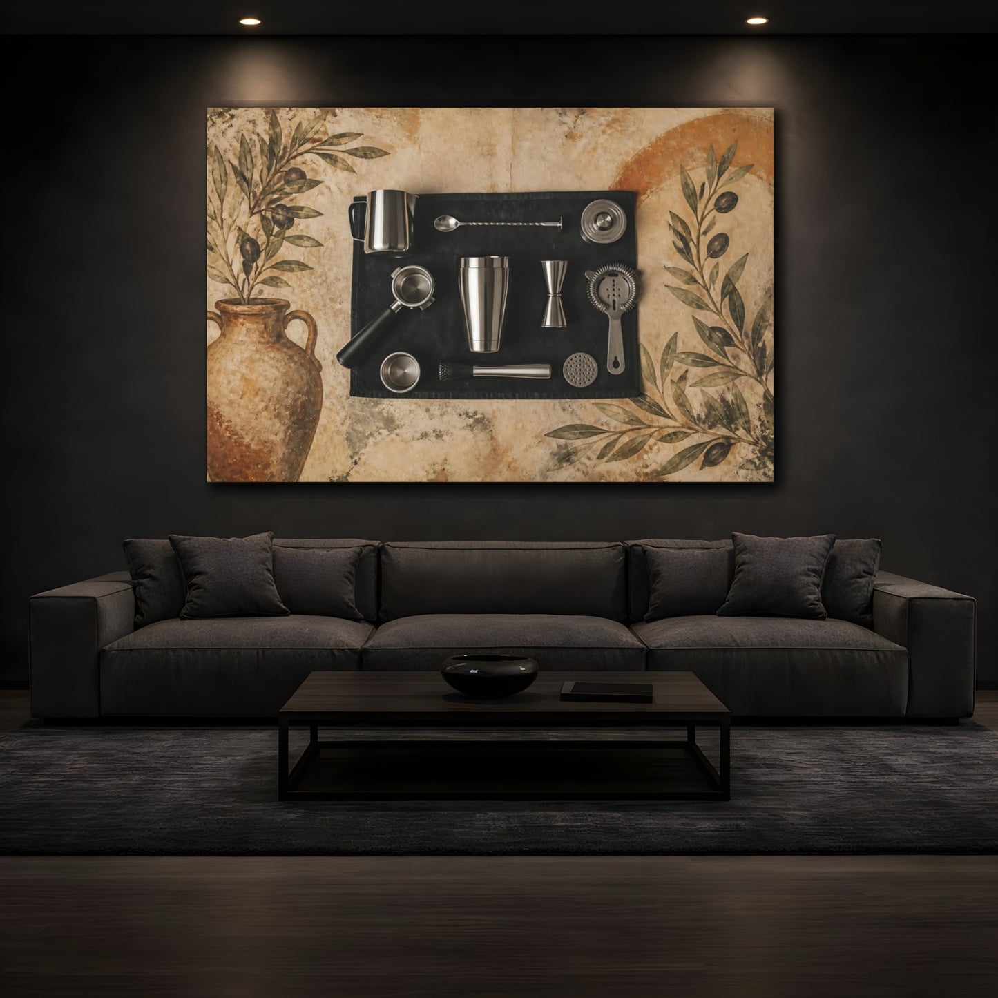 Mockup 3. Tuscan Cocktail Tools shown as canvas print