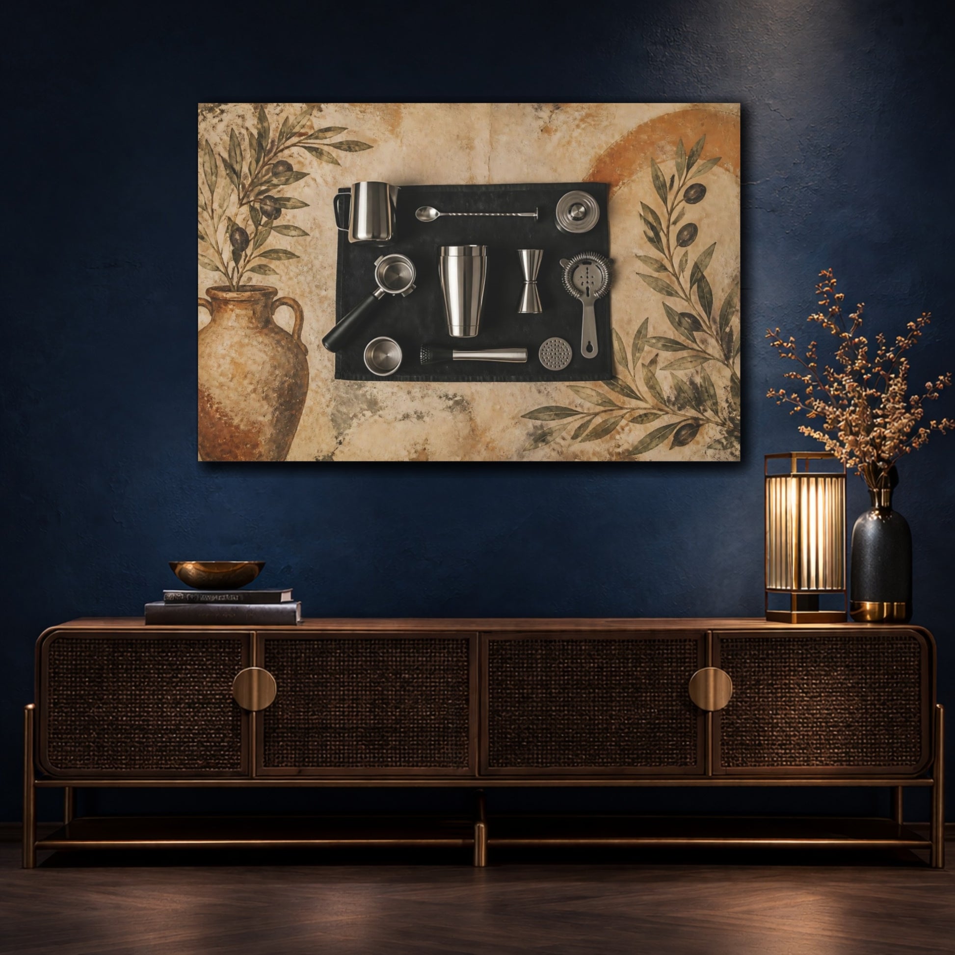 Mockup 4. Tuscan Cocktail Tools shown as canvas print