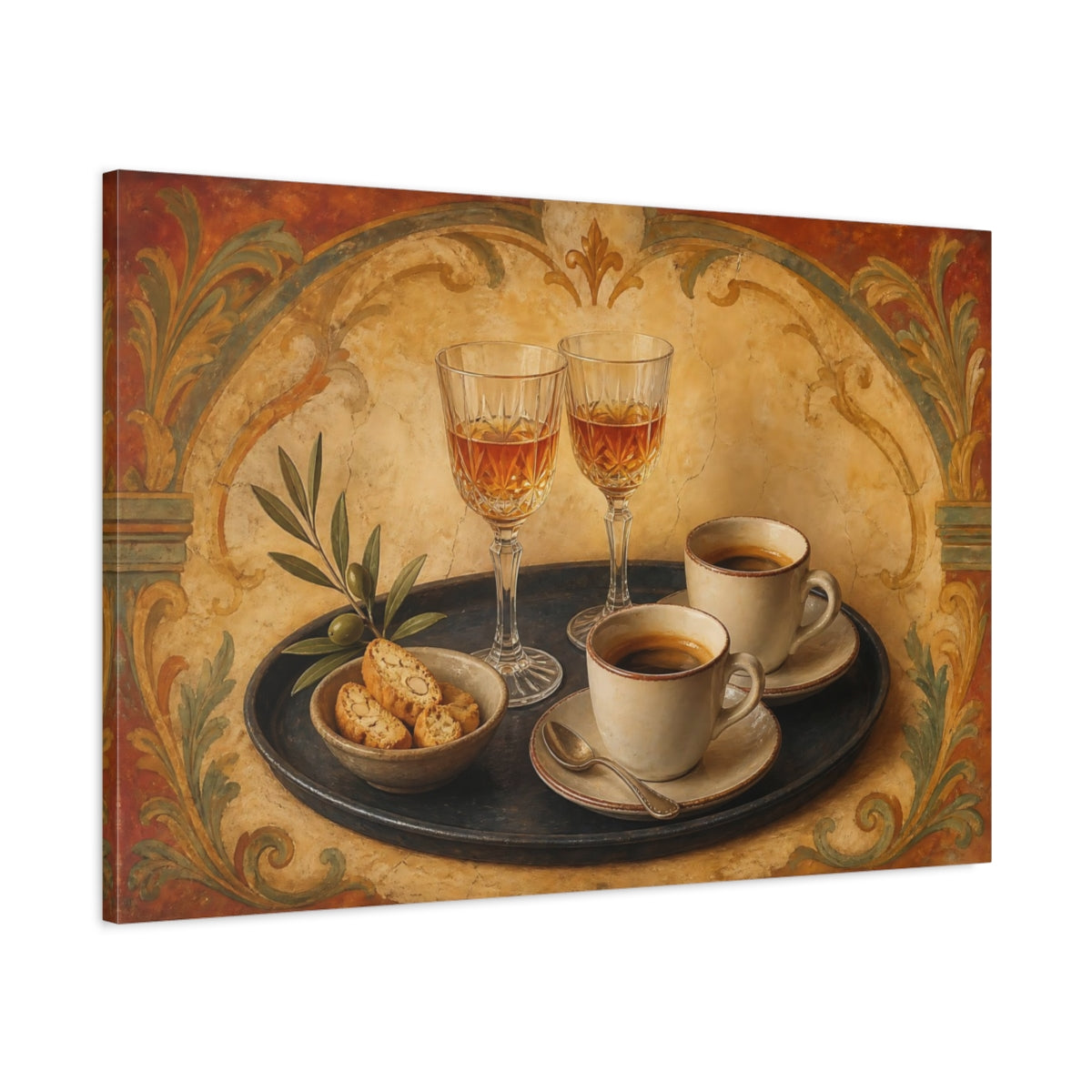 Main Mockup. Tuscan Coffee & Biscotti shown as canvas print