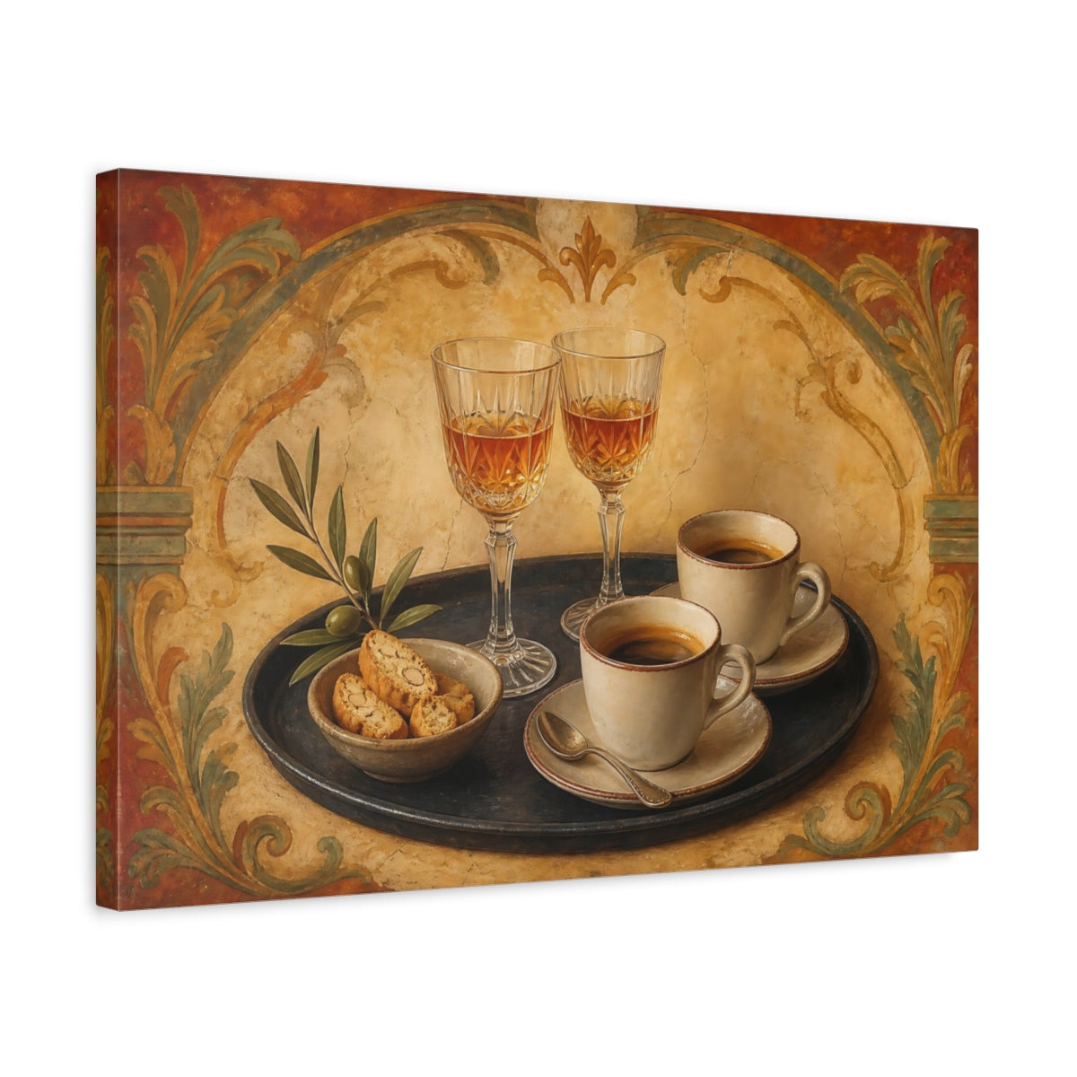 Side Mockup 3. Tuscan Coffee & Biscotti shown as canvas print