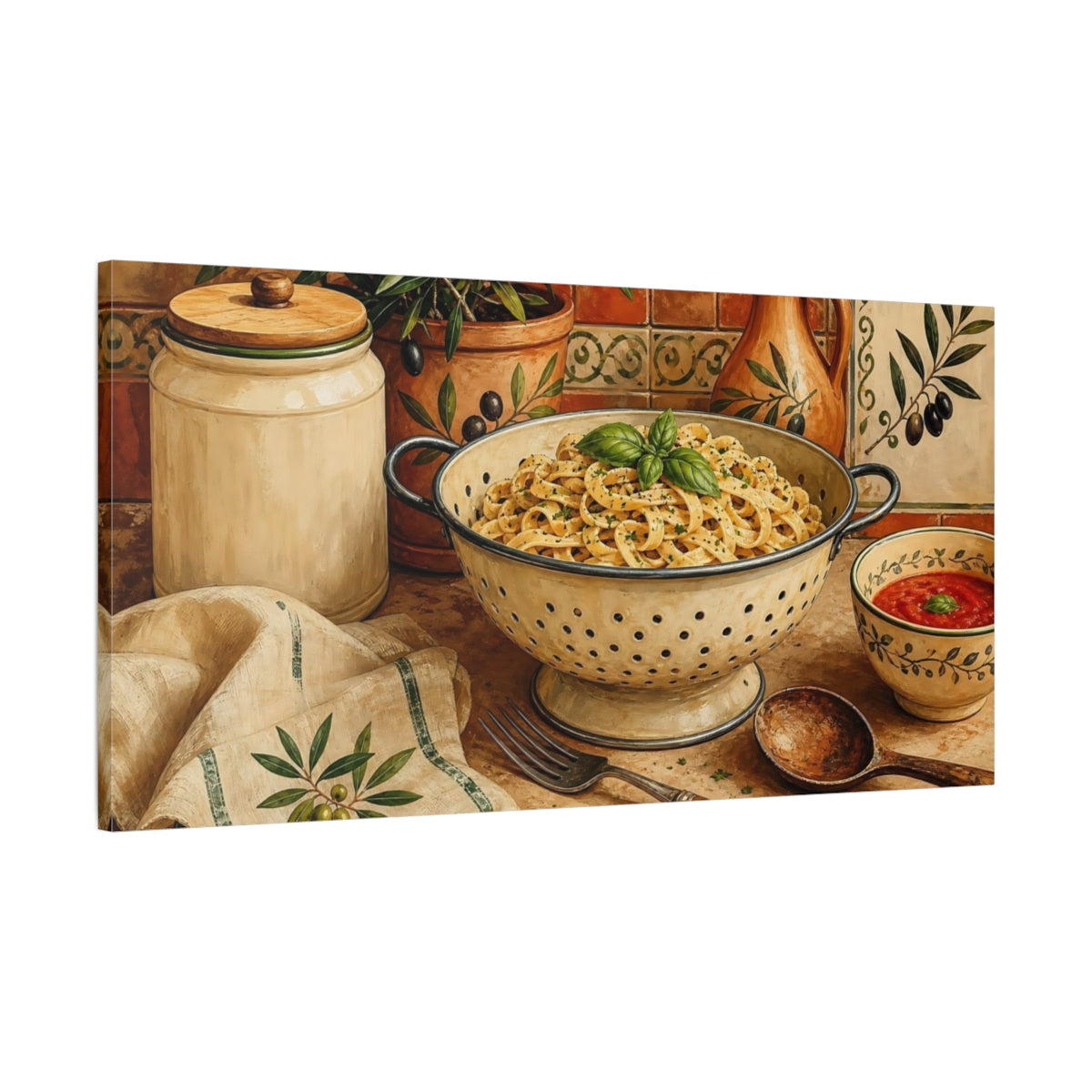 Main Mockup. Tuscan Pasta And Olives shown as canvas print