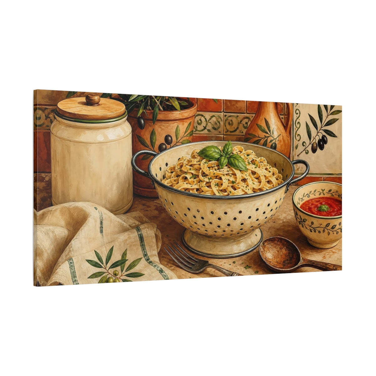 Side Mockup 2. Tuscan Pasta And Olives shown as canvas print