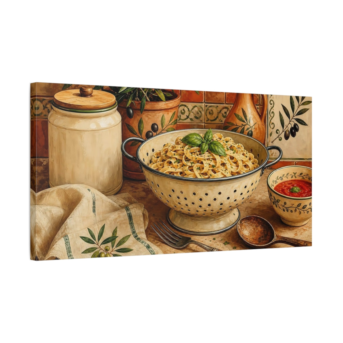 Side Mockup 1. Tuscan Pasta And Olives shown as canvas print