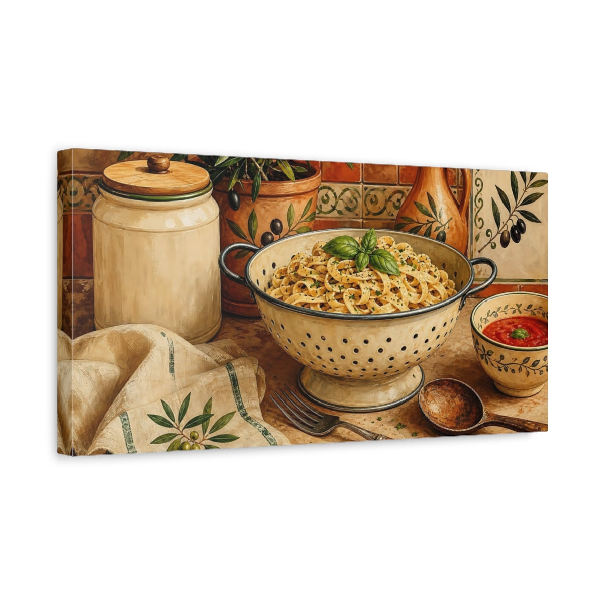 Side Mockup 3. Tuscan Pasta And Olives shown as canvas print