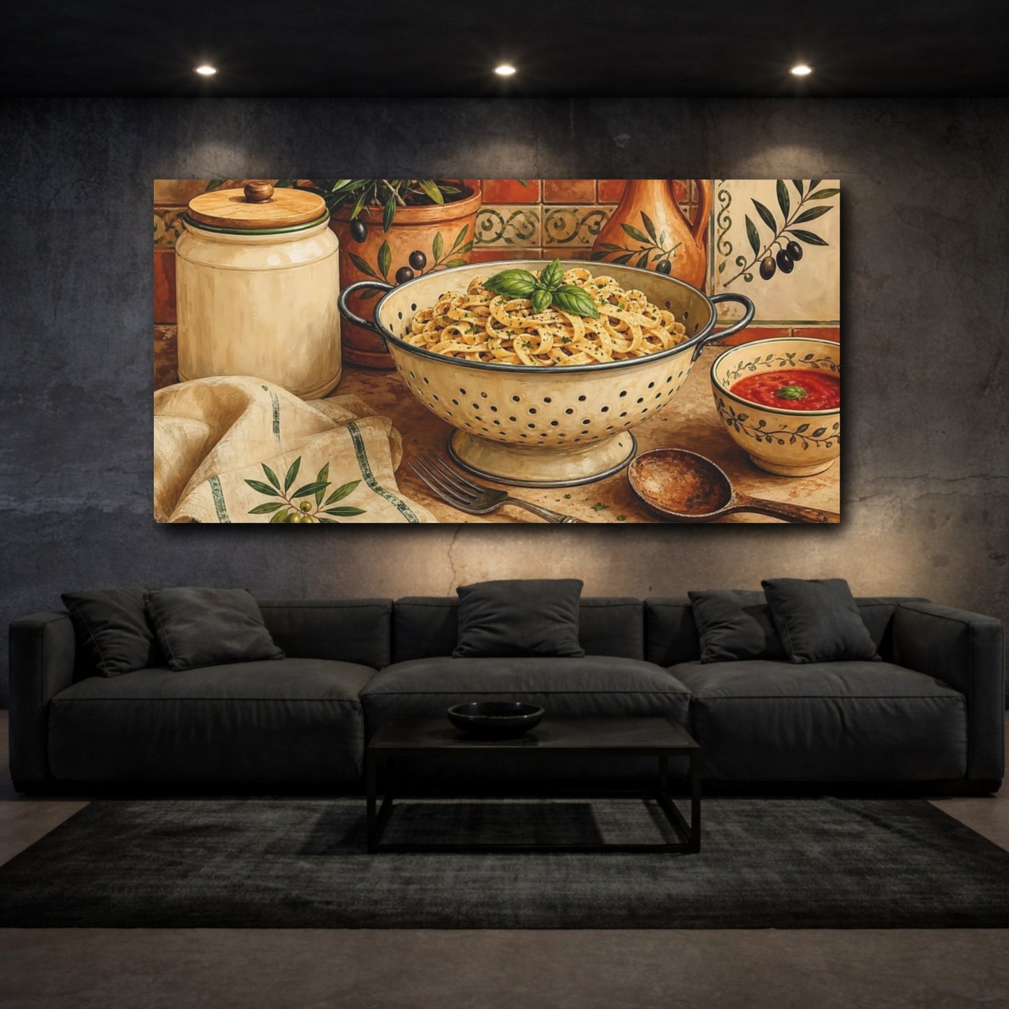Mockup 3. Tuscan Pasta And Olives shown as canvas print