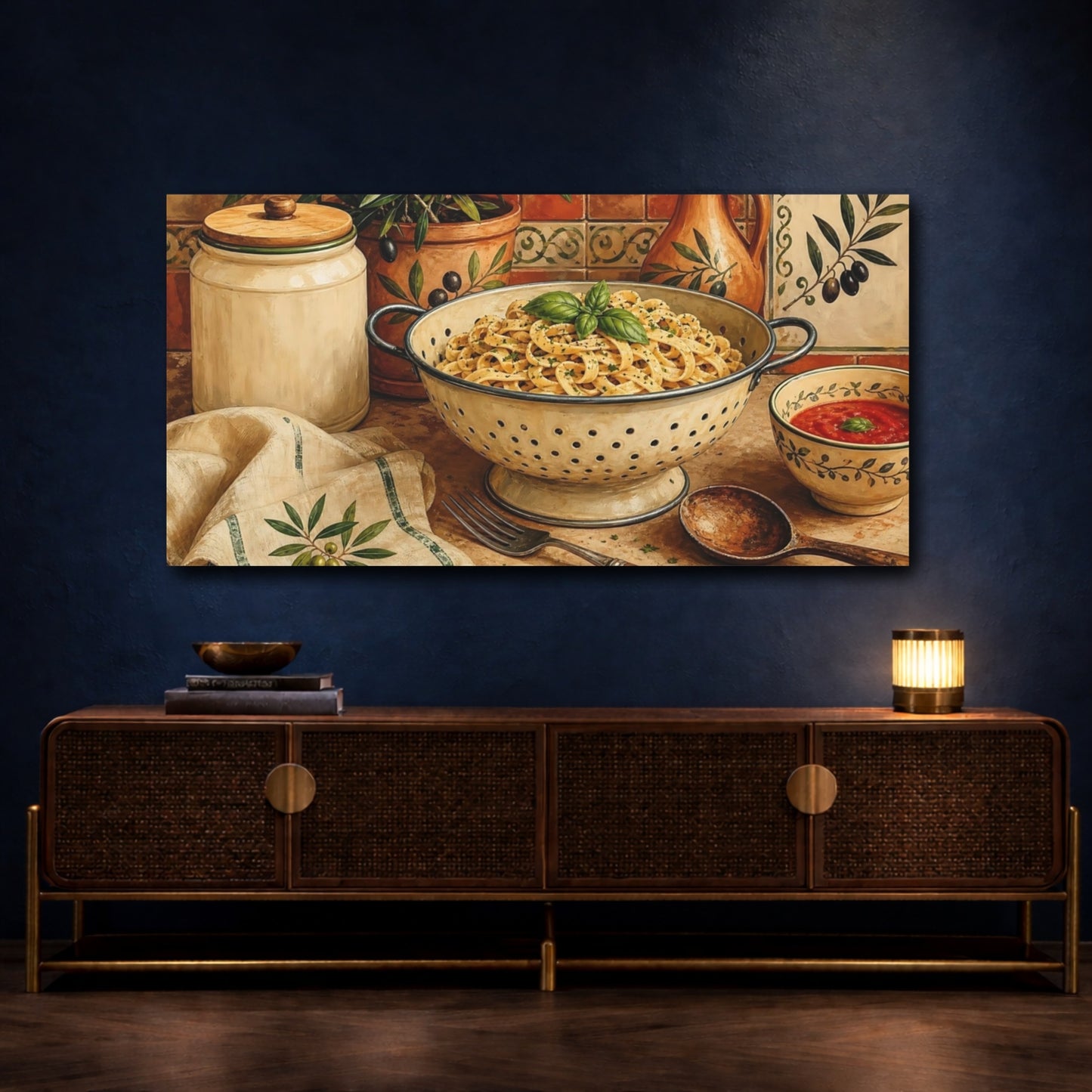 Mockup 4. Tuscan Pasta And Olives shown as canvas print