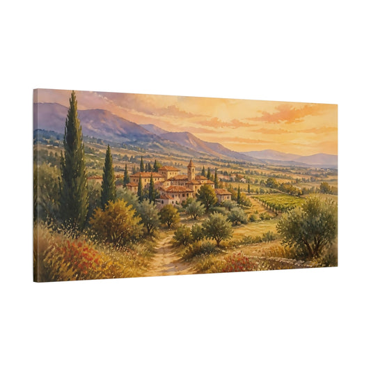 Main Mockup. Tuscan Sunset Village shown as canvas print