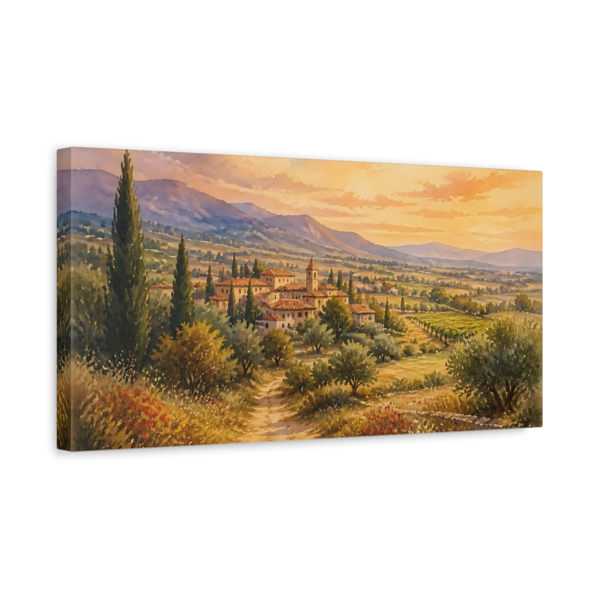 Side Mockup 3. Tuscan Sunset Village shown as canvas print