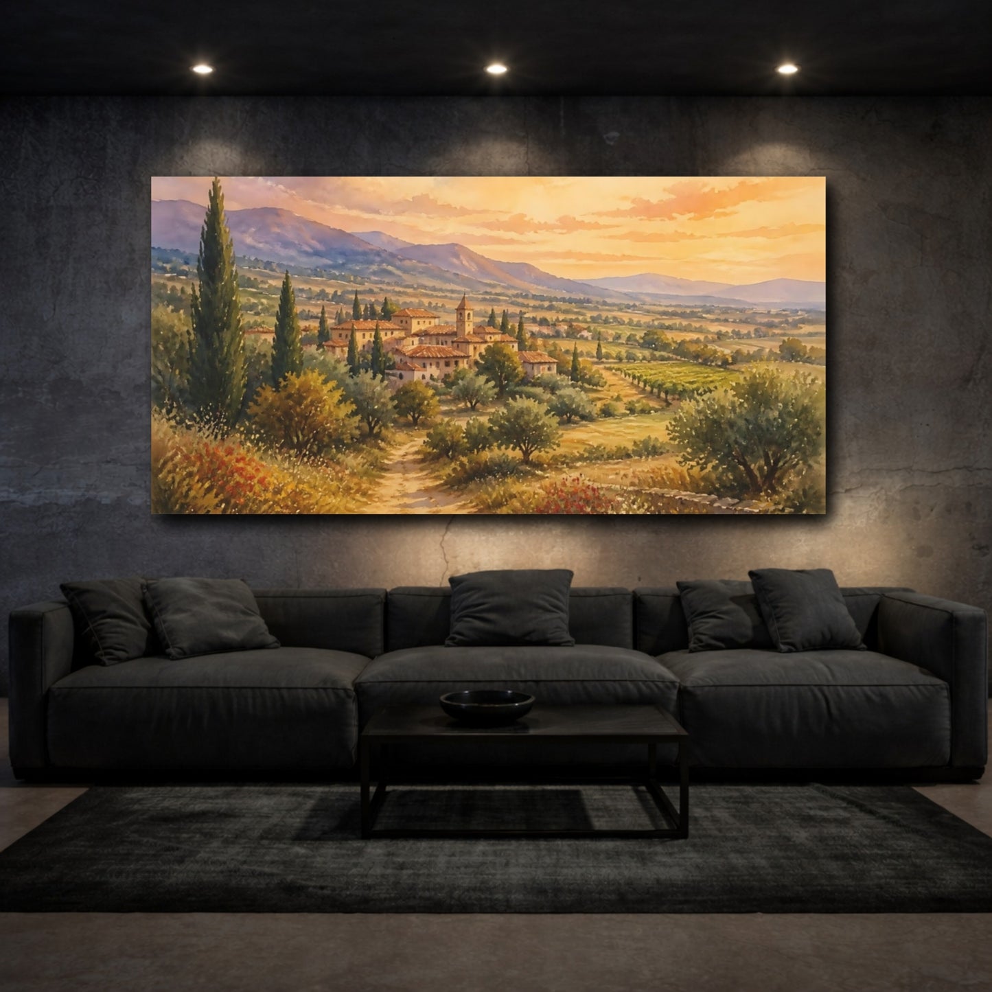 Mockup 3. Tuscan Sunset Village shown as canvas print