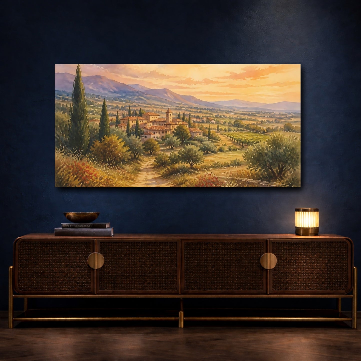 Mockup 4. Tuscan Sunset Village shown as canvas print