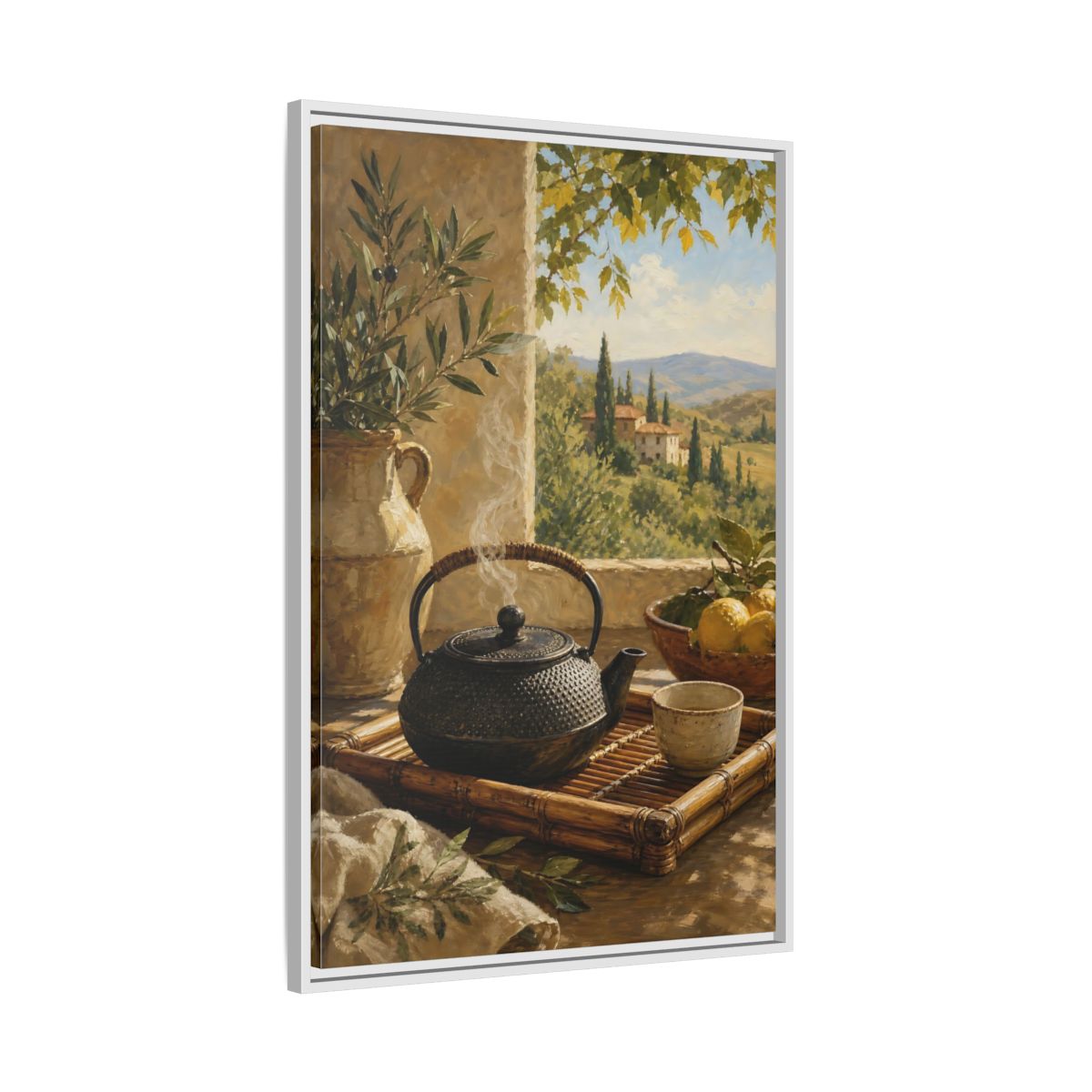 Side Mockup 9. Tuscan Tea Moment shown as framed canvas print