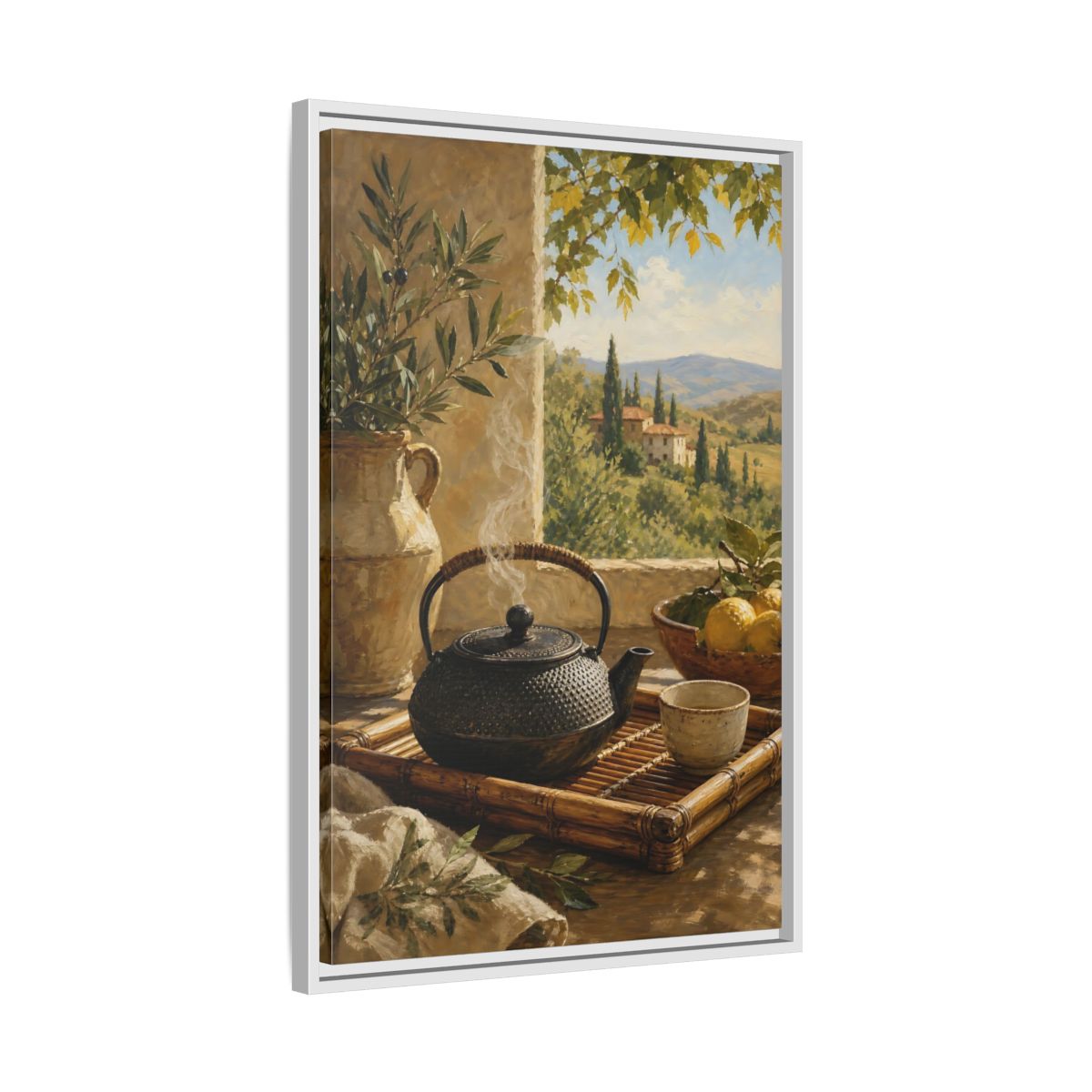 Side Mockup 10. Tuscan Tea Moment shown as framed canvas print