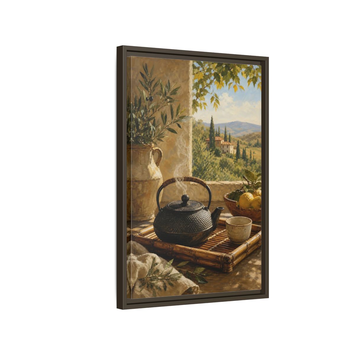 Side Mockup 2. Tuscan Tea Moment shown as framed canvas print