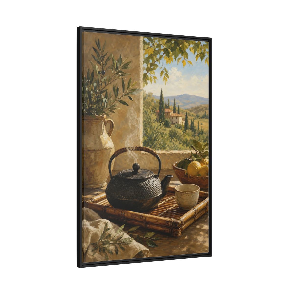 Side Mockup 12. Tuscan Tea Moment shown as framed canvas print