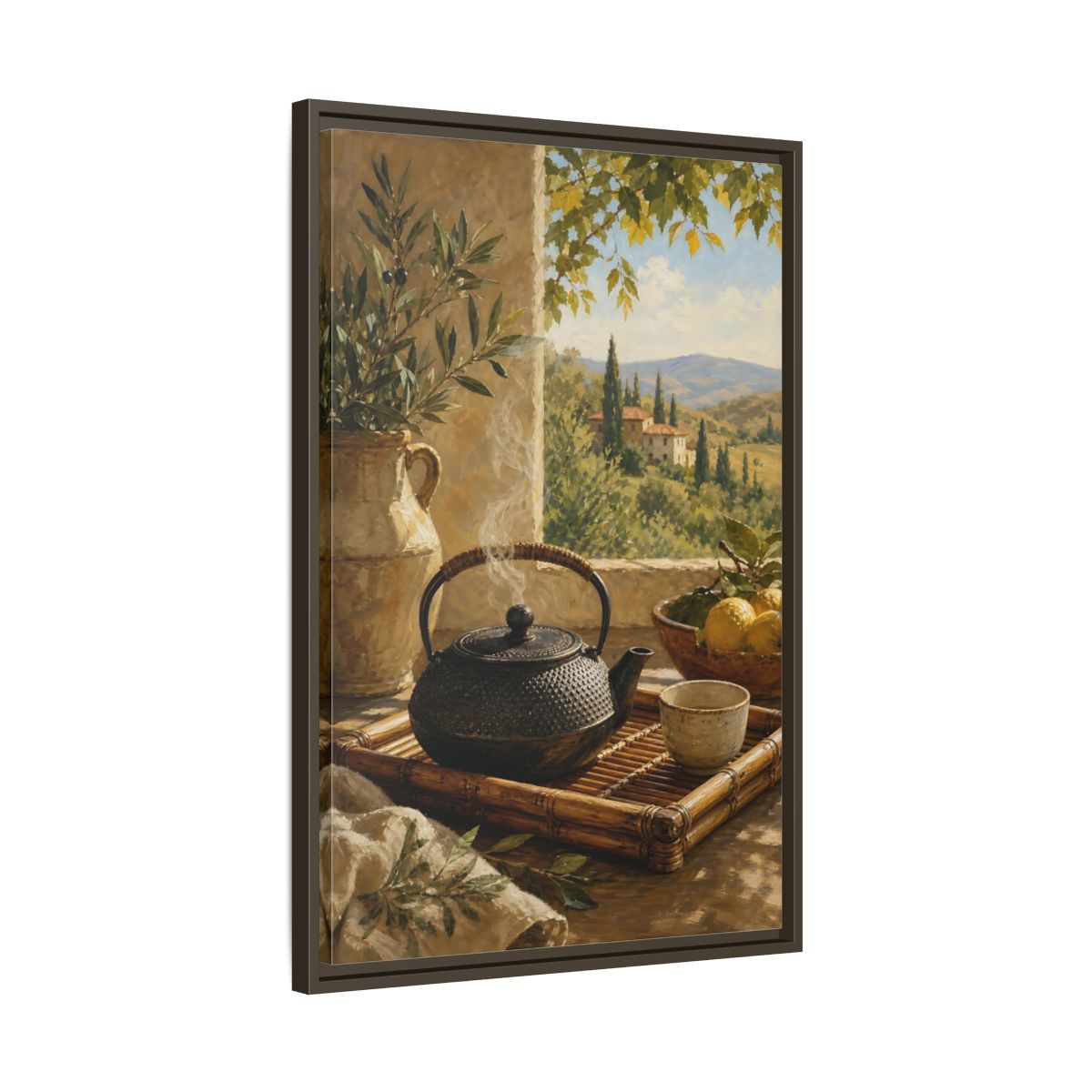 Side Mockup 11. Tuscan Tea Moment shown as framed canvas print