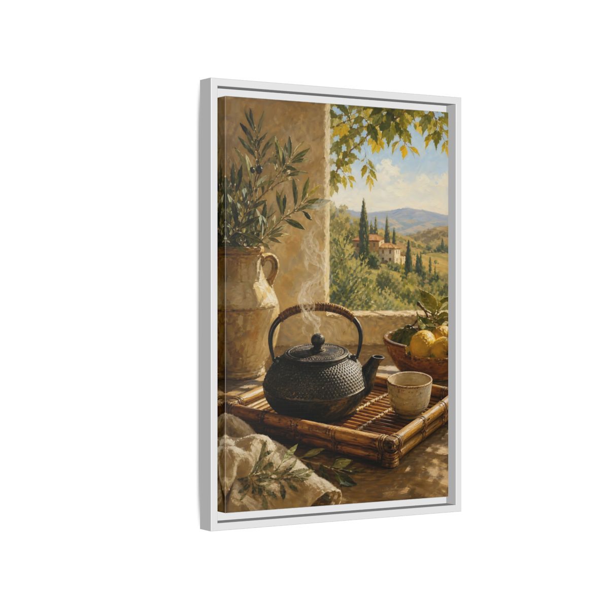 Side Mockup 1. Tuscan Tea Moment shown as framed canvas print