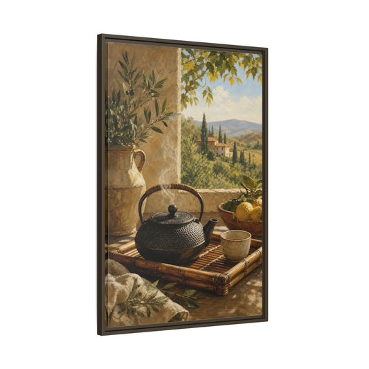 Main Mockup. Tuscan Tea Moment shown as framed canvas print