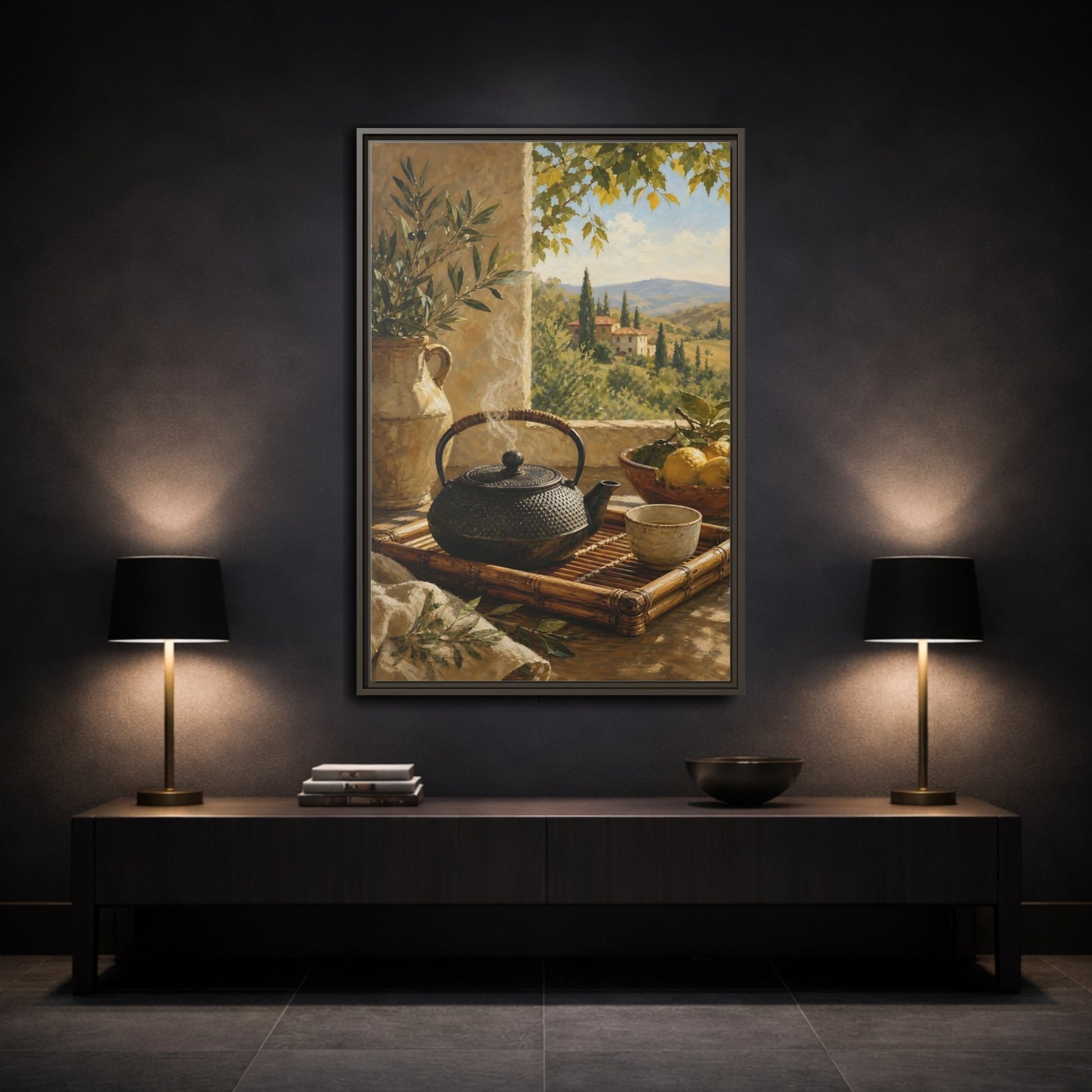 Mockup 3. Tuscan Tea Moment shown as framed canvas print