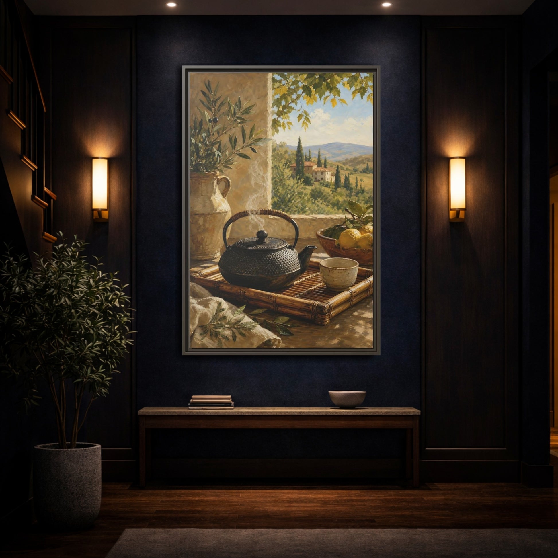 Mockup 4. Tuscan Tea Moment shown as framed canvas print