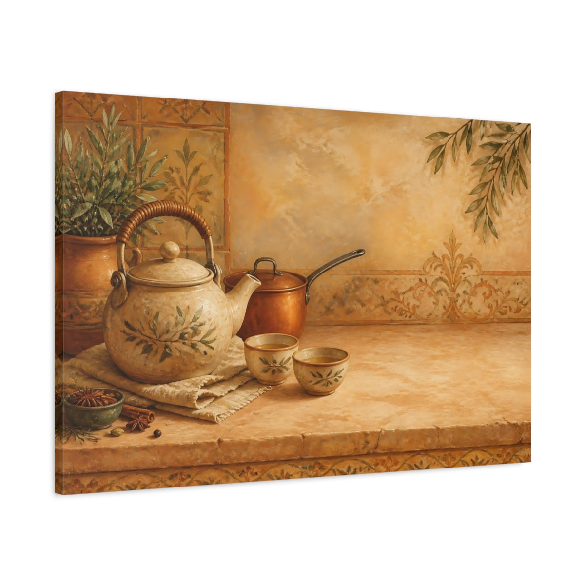 Main Mockup. Tuscan Tea Time shown as canvas print