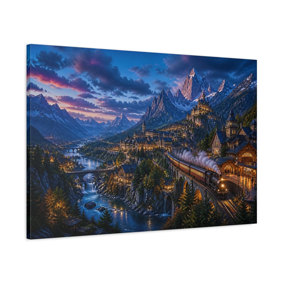 Main Mockup. Twilight Alpine Express shown as canvas print