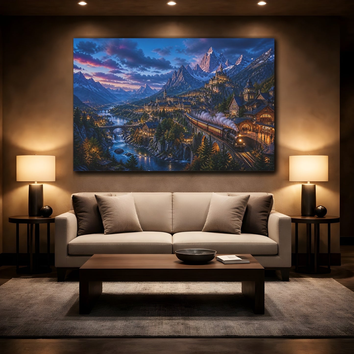 Mockup 2. Twilight Alpine Express shown as canvas print