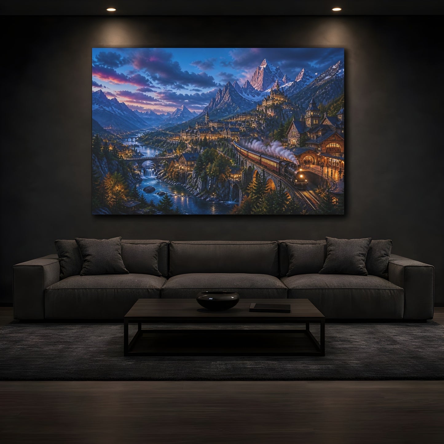 Mockup 3. Twilight Alpine Express shown as canvas print