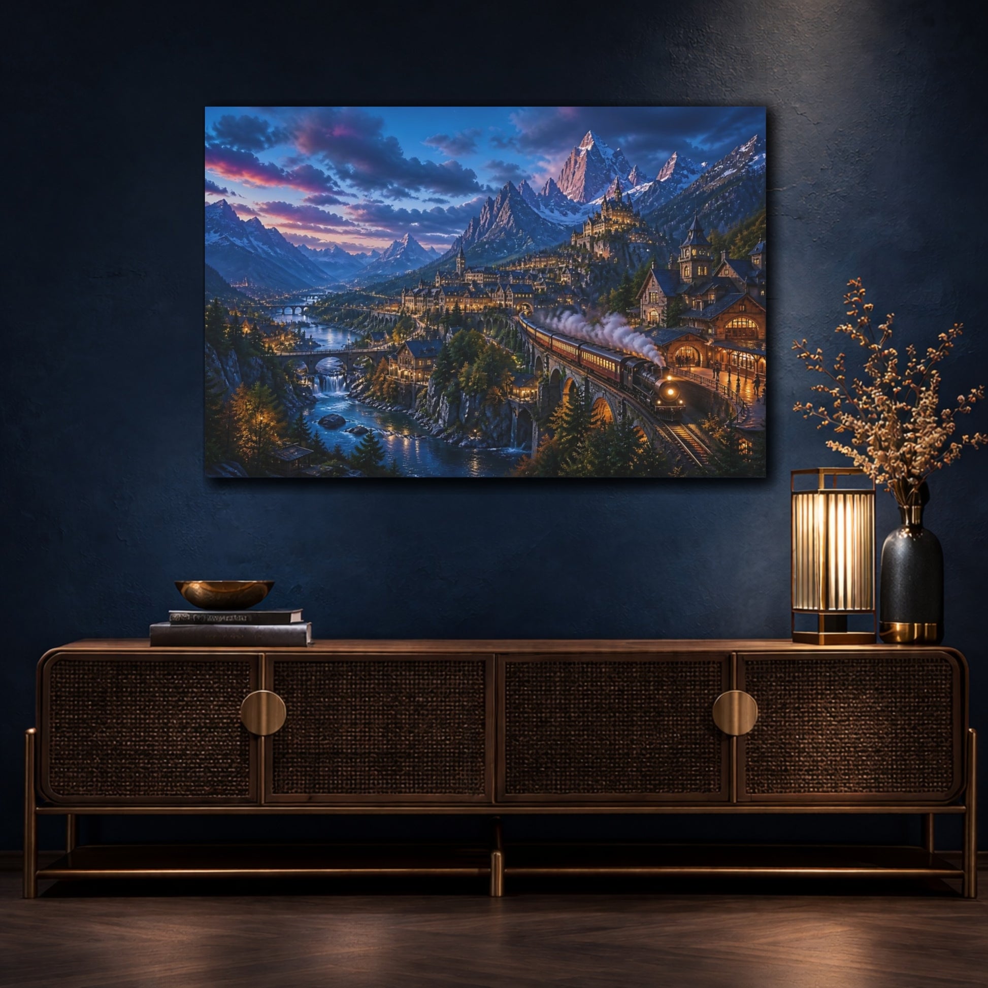 Mockup 4. Twilight Alpine Express shown as canvas print