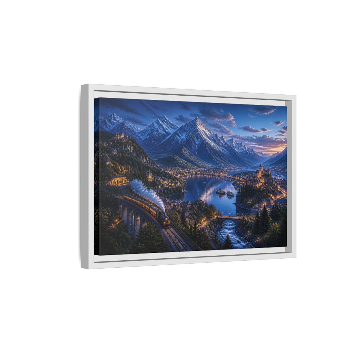 Side Mockup 4. Twilight Alpine Railway Village shown as framed canvas print
