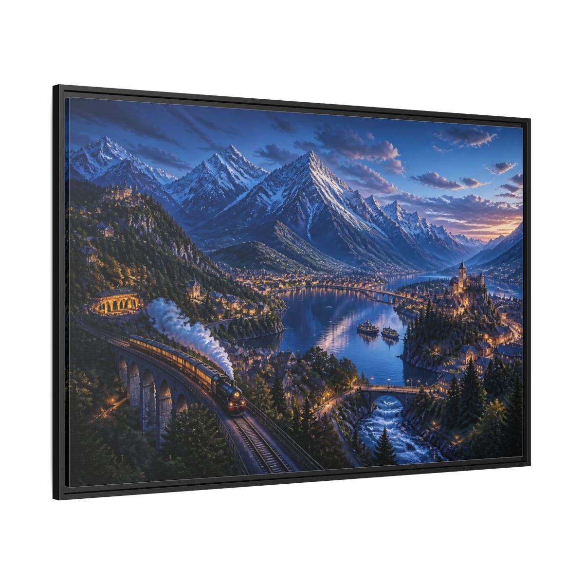 Side Mockup 12. Twilight Alpine Railway Village shown as framed canvas print