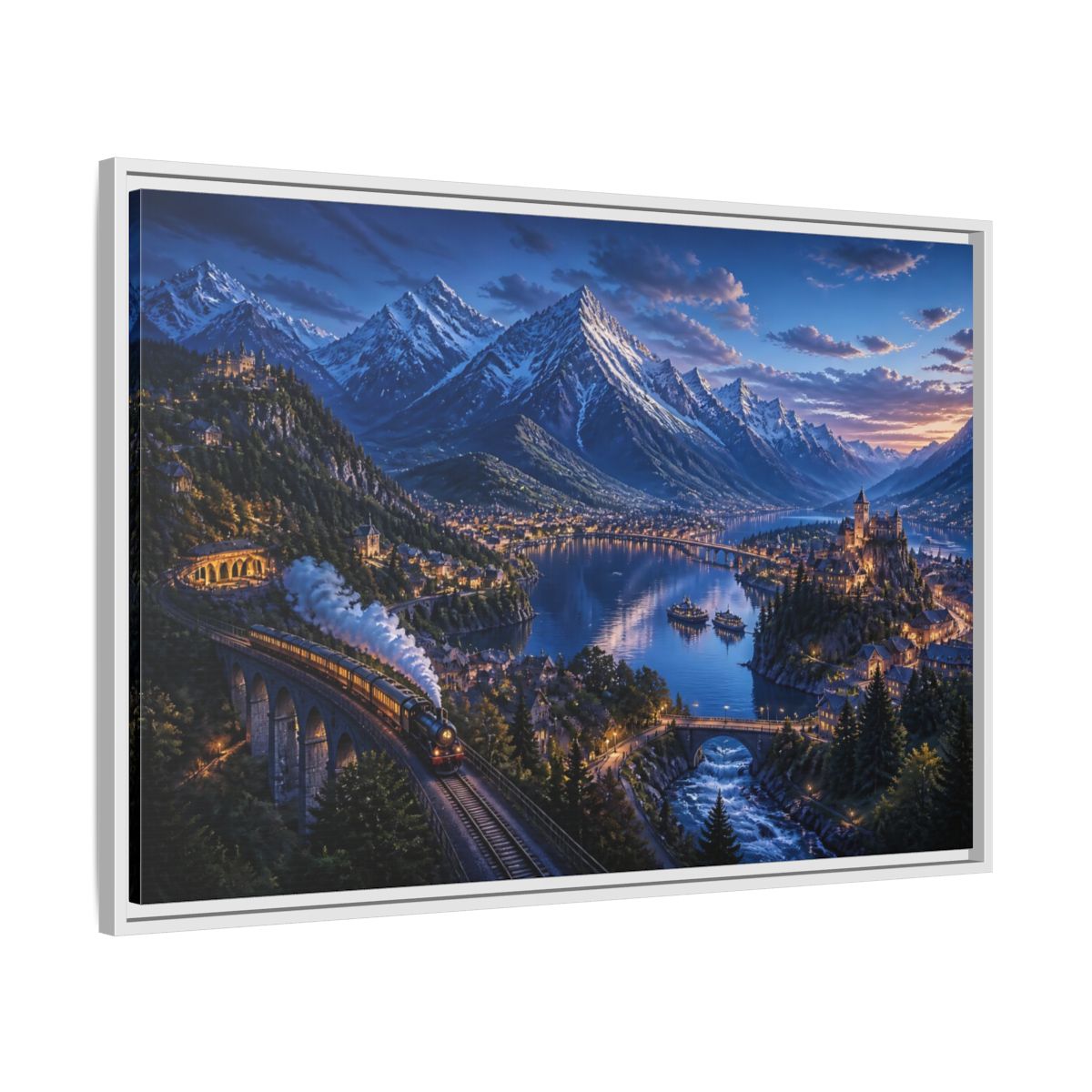 Side Mockup 9. Twilight Alpine Railway Village shown as framed canvas print