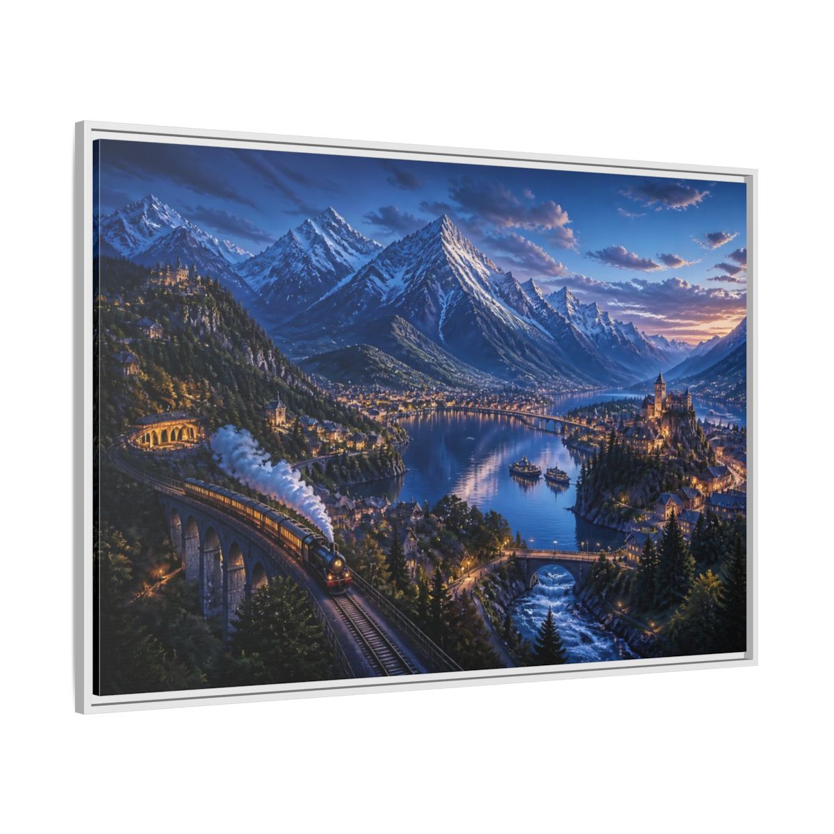 Side Mockup 7. Twilight Alpine Railway Village shown as framed canvas print