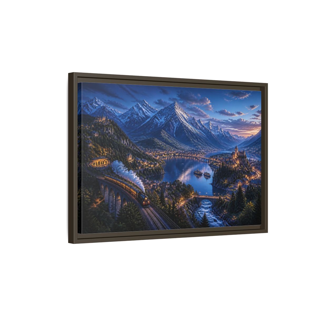 Side Mockup 2. Twilight Alpine Railway Village shown as framed canvas print