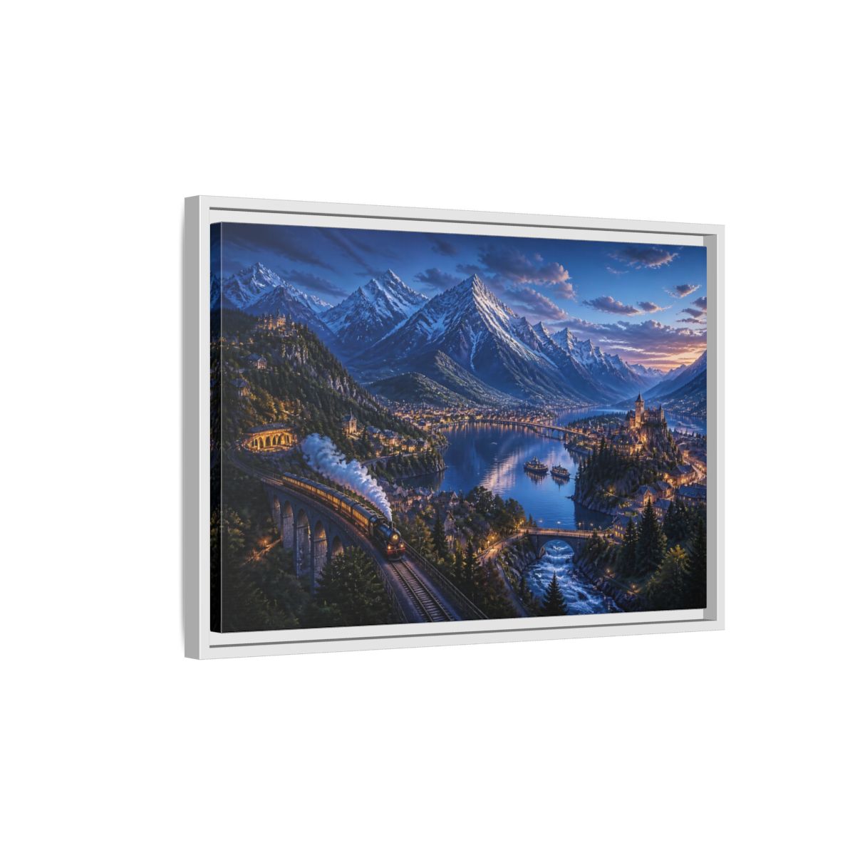 Side Mockup 1. Twilight Alpine Railway Village shown as framed canvas print