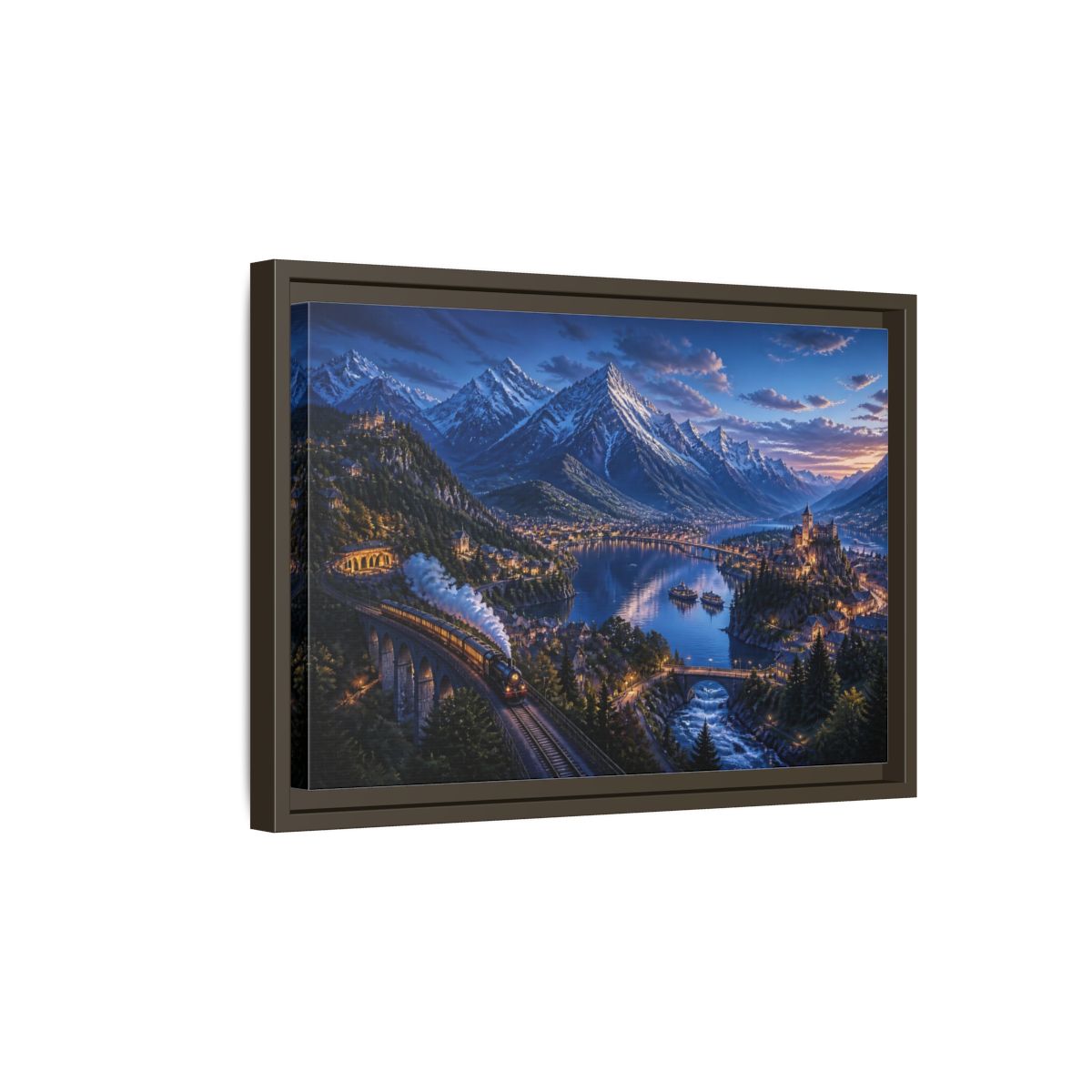 Side Mockup 5. Twilight Alpine Railway Village shown as framed canvas print