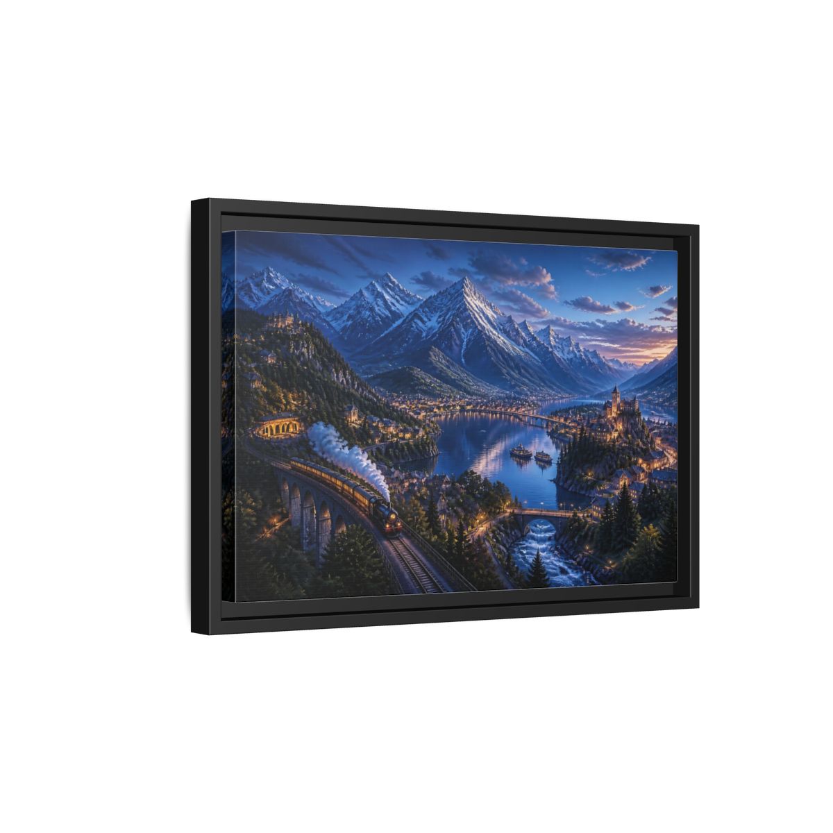Side Mockup 6. Twilight Alpine Railway Village shown as framed canvas print