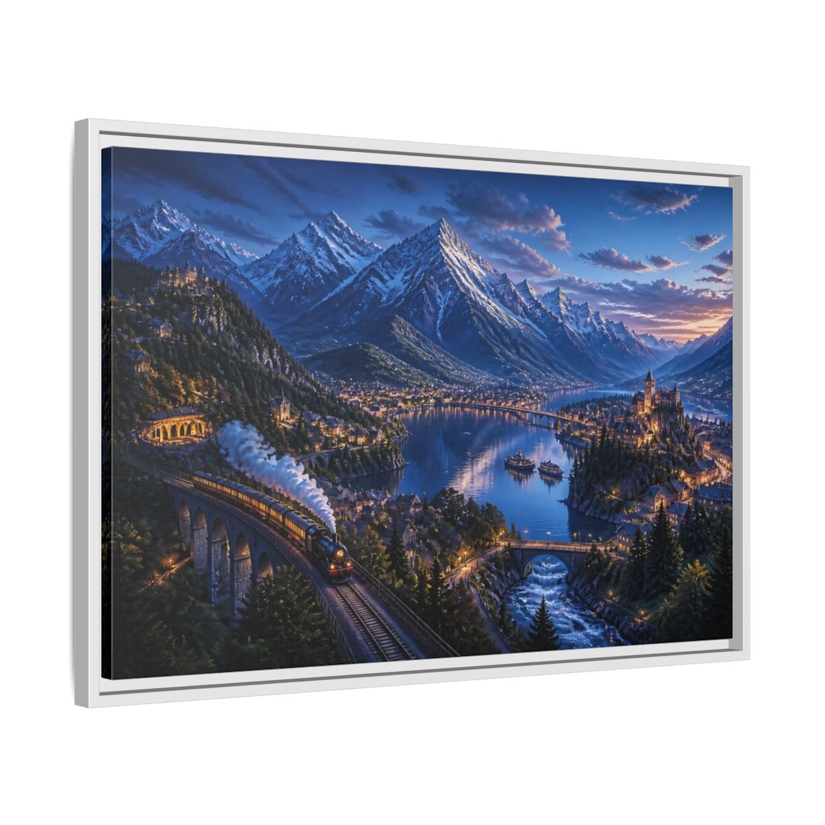 Side Mockup 10. Twilight Alpine Railway Village shown as framed canvas print