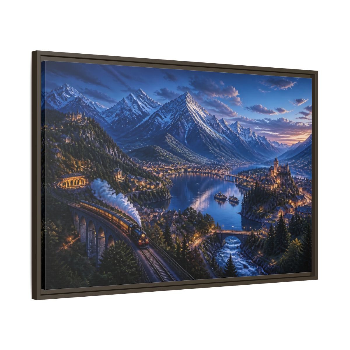 Main Mockup. Twilight Alpine Railway Village shown as framed canvas print