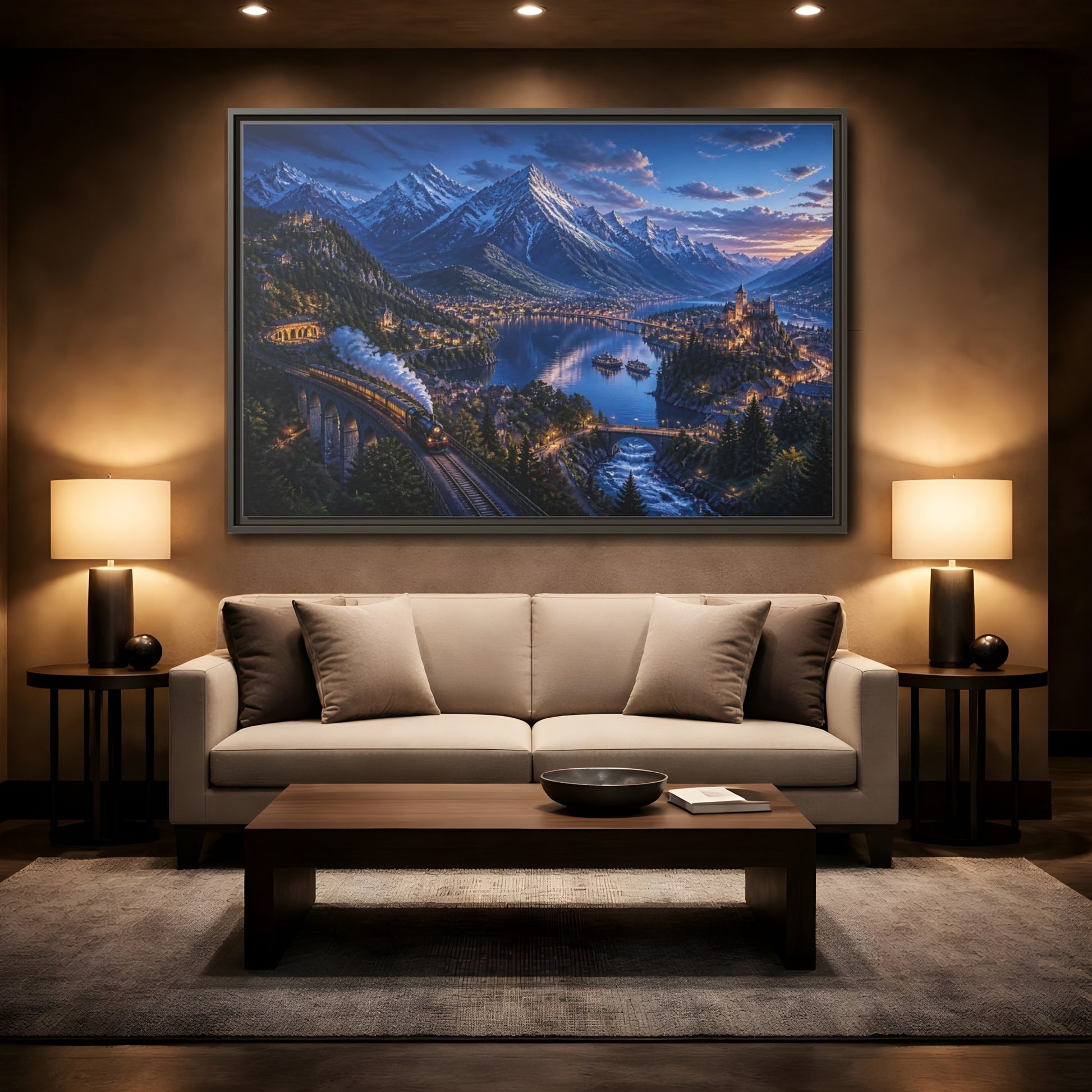 Mockup 2. Twilight Alpine Railway Village shown as framed canvas print