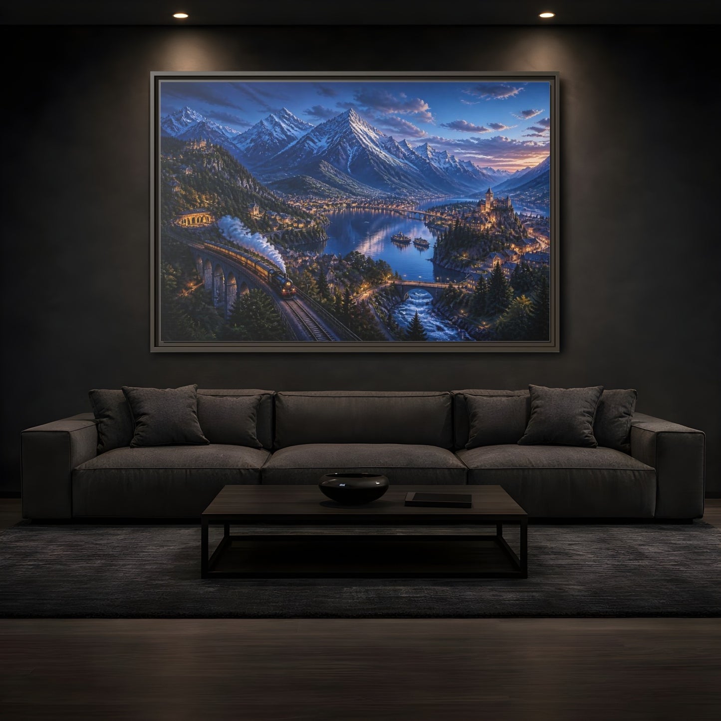 Mockup 3. Twilight Alpine Railway Village shown as framed canvas print