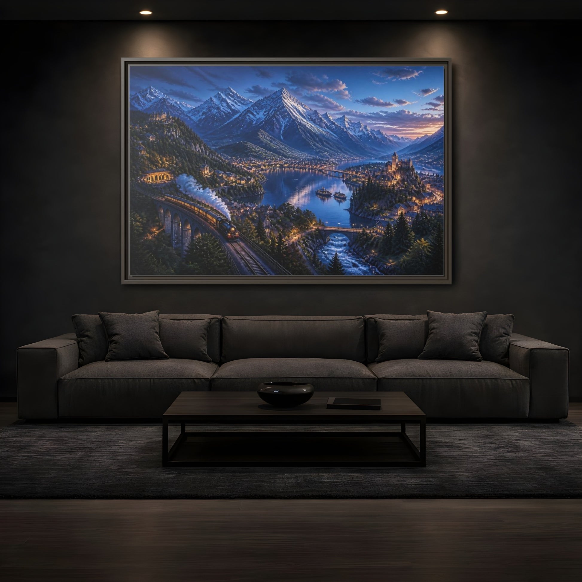 Mockup 3. Twilight Alpine Railway Village shown as framed canvas print