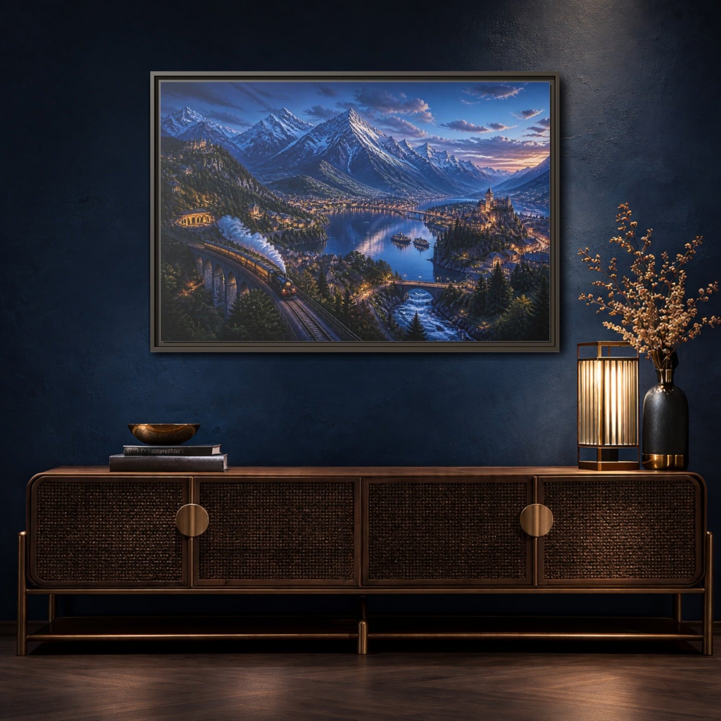 Mockup 4. Twilight Alpine Railway Village shown as framed canvas print