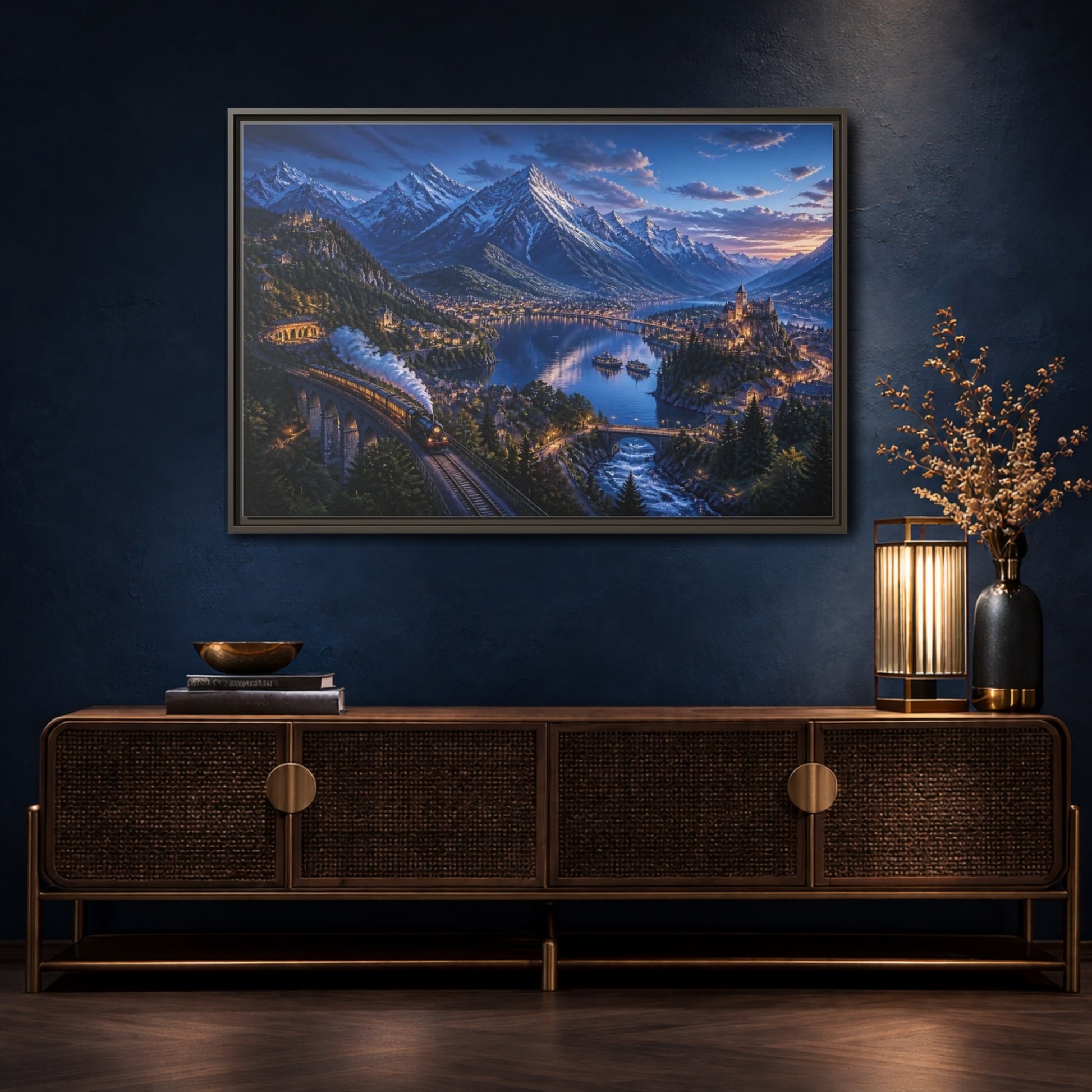 Mockup 4. Twilight Alpine Railway Village shown as framed canvas print