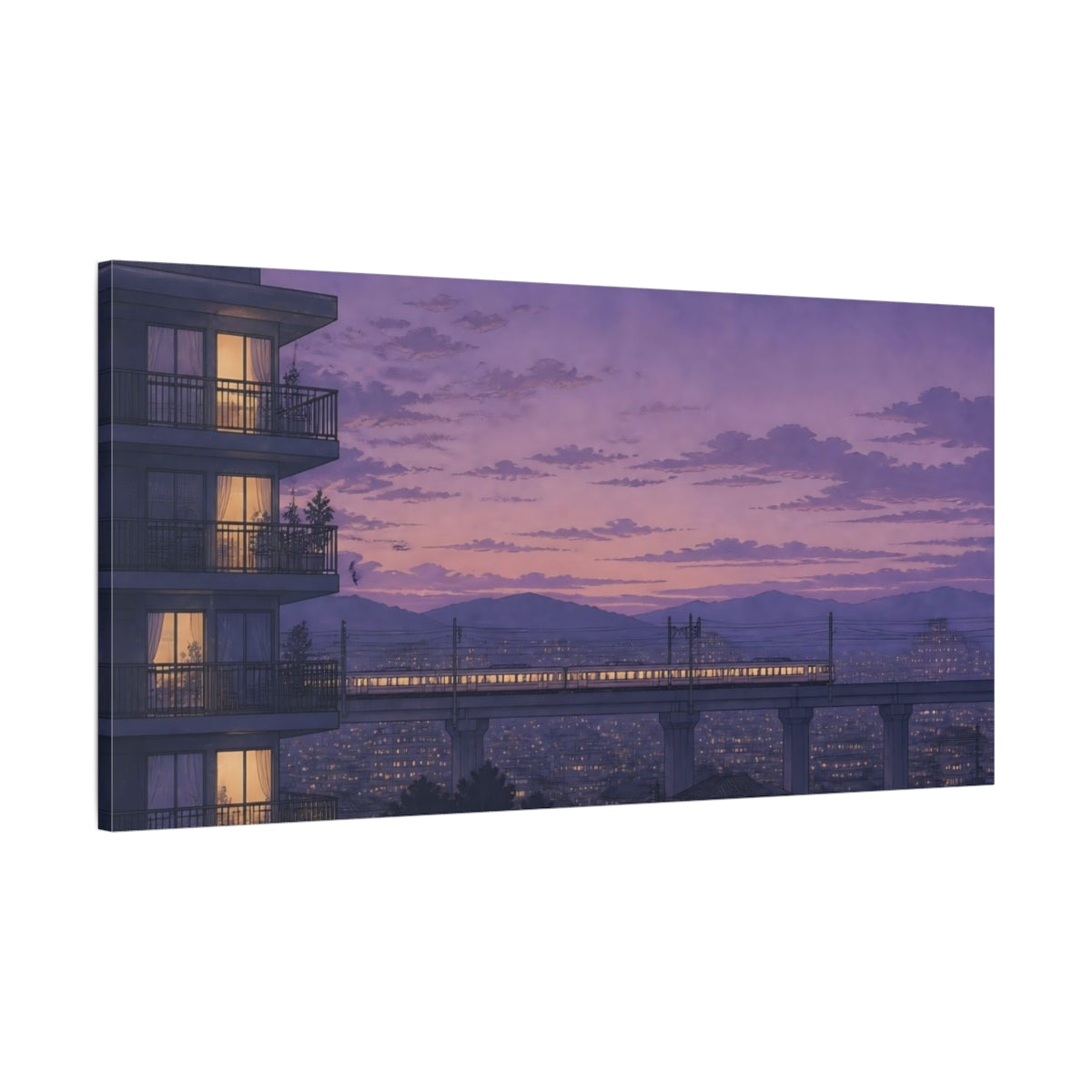 Main Mockup. Twilight Commuter Train shown as canvas print